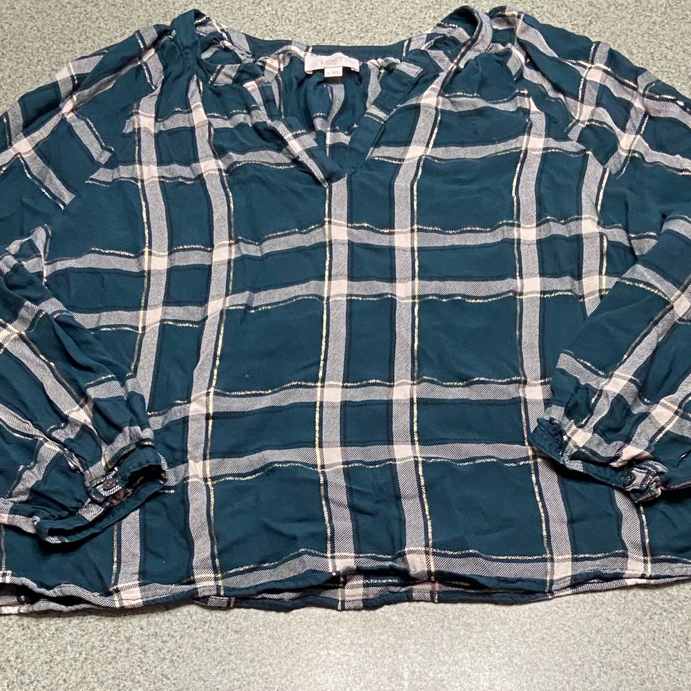 LOFT Teal Plaid‎ Peasant Blouse with White Stripes